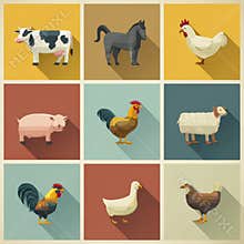 Flat Design Farm Animal Set Showing Cow, Pig, Chicken, Horse, Sheep, Goat, Duck, Rooster, and Donkey in a Grid Layout