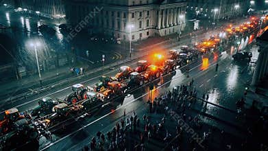 Farmers driving tractors through city street aerial view, protest convoy moving with flashing lights blocking traffic, reflecting