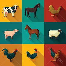 Flat Design Animal Farm Set With Nine Farm Animals Arranged in a Grid Featuring a Cow, Pig, Chicken, Horse, Sheep, Goat
