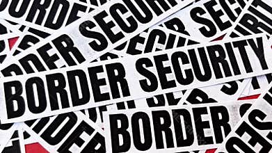 Dynamic text animation featuring multiple scattered border security labels with bold black typography on a white background