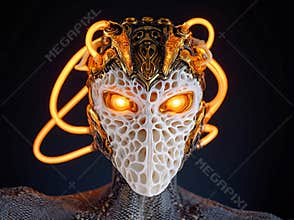 Close-up, low-angle shot of a futuristic, biomechanical mask with glowing orange eyes White, porous textured mask adorned with