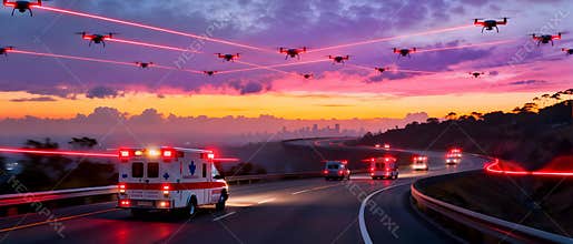 Futuristic Emergency Rescue: Ambulance Convoy Under Drone Light Grid at Dusk