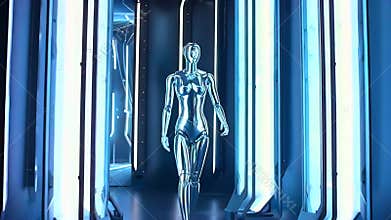Silver automaton walking through neon corridor, vertical luminous pillars with cyan and azure illumination, reflective floor and