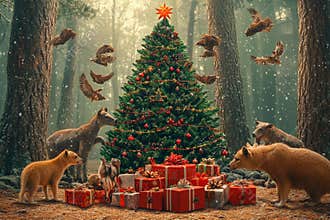 Magic of Christmas in a forest surrounded by joyful animals and gifts