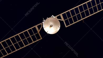 A 3D animation of a communications satellite orbiting in deep space.