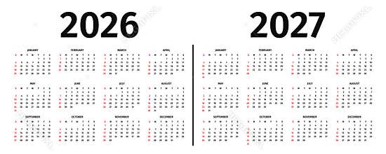 Annual calendar for 2026 and 2027. Calendar template for 2026 and 2027 in black and white colors. Annual calendar mockup on white