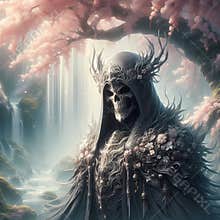 A mysterious skeleton wearing a dark hooded cloak, under a cherry blossom tree, with cascading waterfalls, fantasy art, anime