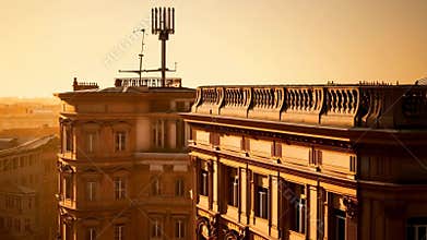 Communication antenna installed on rooftop of old building at sunset, AI generated