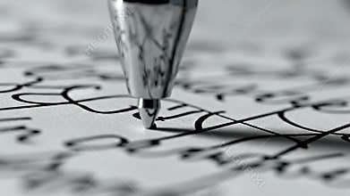 Monochrome Close Up of Pen Tip Writing on White Paper with Flowing Cursive Script Under Soft Light Creating a Focus on Precision