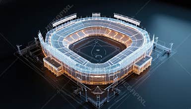 Digital blueprint visualizes baseball stadium. Structure uses wireframe lines with three-dimensional render. Design concept