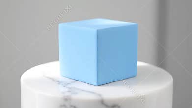 Light Blue Cube Placed Atop a Marble Column at Daytime