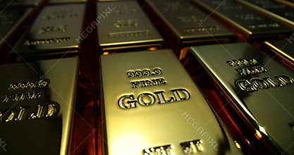 Heavy gold bars lie neatly arranged in perfect rows in storage