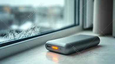 Portable charger rests on marble windowsill with winter landscape in the background during a cloudy afternoon