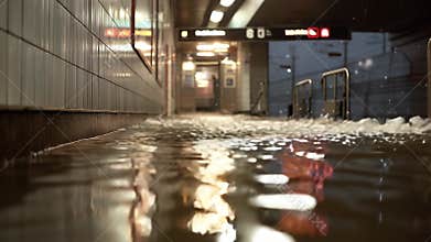 Waterlogging in underground station during heavy rain with visible flooding and wet tiles