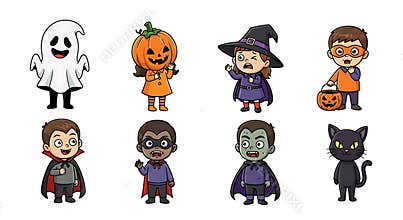 Vector Cute Halloween cartoon characters set for trick or treat party invitation and holiday design element