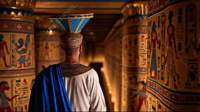 A man in a blue robe and a blue hat standing in a hallway
