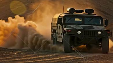 Military humvee driving fast through a desert landscape, kicking up dust and sand, representing adventure and offroad capability