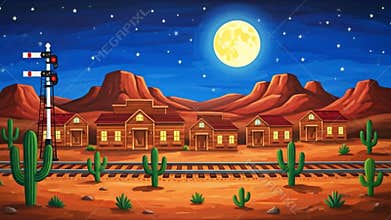 Animated Western Townscape: Desert, Mountains, Moonlit Night, Railroad, and Cacti