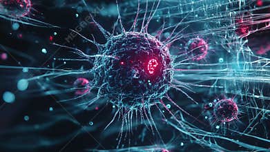 Microscopic view of virus cells mutating and spreading infection
