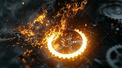 Burning gears and ashes creating sparks in dark environment