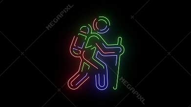 Glowing Neon Hiker Icon for an Outdoor Adventure, Mountain Trekking, and Backpacking Journey Animation