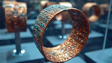 Ancient Golden Bracelet Artifact on Display in Museum Cabinet with Intricate Carvings