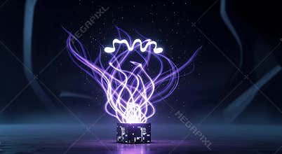 Futuristic Ghost Hologram Emerging from Digital Cube with Purple Energy technology