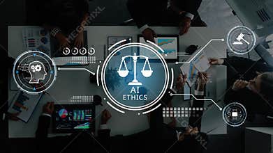 Collaborative Workshop on Artificial Intelligence Ethics Featuring Scales of Justice, Technology Graphics and Business