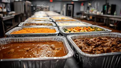 Buffet Style Catering with Variety of Hot Dishes in Foil Serving Pans