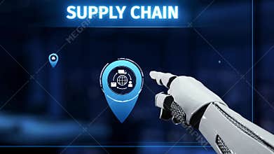 Advanced Robotic Arm Interacting with Digital Supply Chain Interface in Futuristic Background with Data Visualization