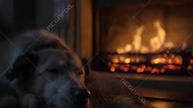 Golden retriever peacefully sleeps by a warm fireplace creating a cozy winter atmosphere