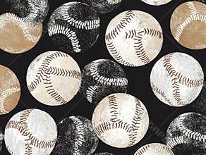Seamless pattern of vintage baseballs on black background with grunge texture
