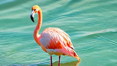 Flamingo Stands in Shallow Water at Afternoon in Caribbean