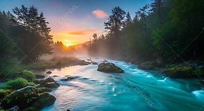 Turquoise river flowing through misty forest at sunrise water nature