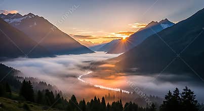 Sunrise over misty mountain valley with river and pine trees dawn light