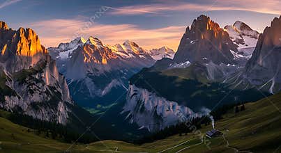 Majestic mountain range bathed in golden sunrise light with a small cabin image