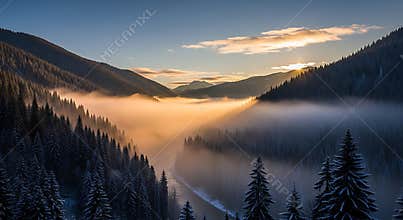 Misty mountain valley at sunrise with snow covered pine trees image