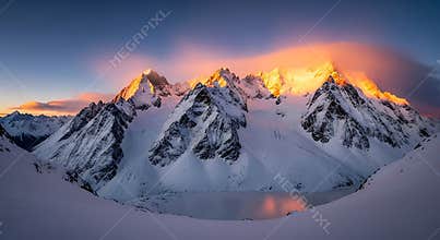 Snow covered mountain peaks illuminated by golden sunrise light image 1