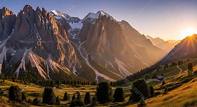 Jagged mountain peaks bathed in golden sunset light with green valleys rock stone