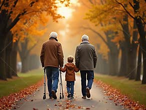 Senior Man with Walking Sticks, Adult Son & Grandson Walking Through Autumn Forest