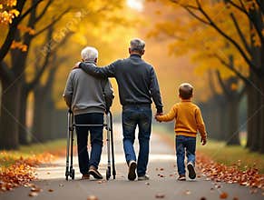 Senior Man with Walking Sticks, Adult Son & Grandson Walking Through Autumn Forest