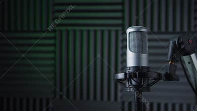 A close-up of a podcasting or broadcast microphone