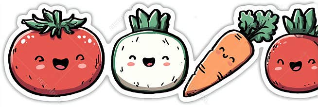 Cute Cartoon Vegetables Featuring Smiling Tomatoes, Radishes, and Carrots in a Playful Design
