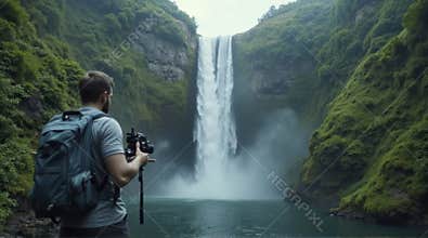 Photographer Capturing Majestic Waterfall