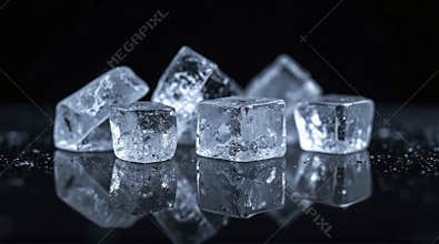 Ice Cubes on Black Reflective Surface