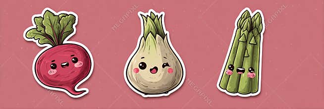 Colorful Cartoon Vegetables With Happy Faces on a Pink Background Featuring a Radish, Onion, and Asparagus
