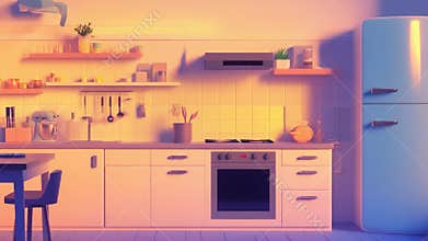Modern kitchen interior with furniture and utensils at sunset