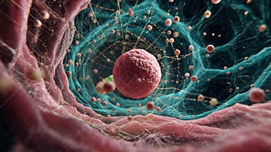 Abstract cellular structure in pink releases particles against bright teal background, showcasing intricate biology and movement