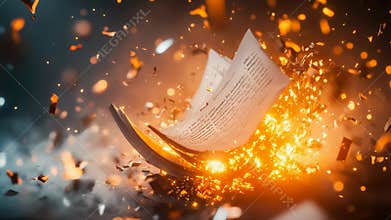 Burning book exploding with pages turning into ashes and embers