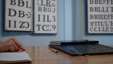 Person's hands interacting with a braille book and an assistive reading device on a wooden desk, emphasizing